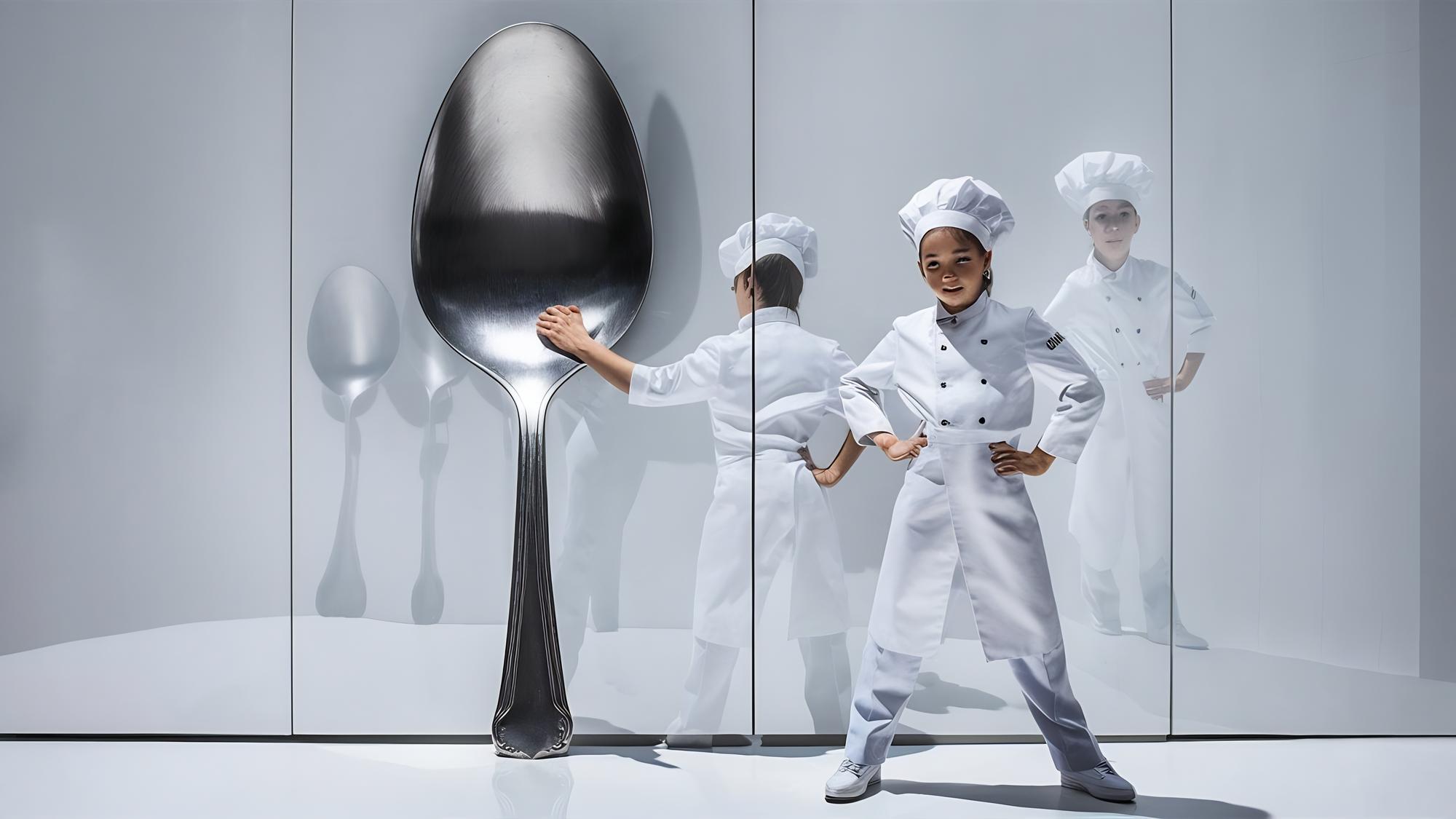 Kucharz przy stole z futurystycznymi narzędziami